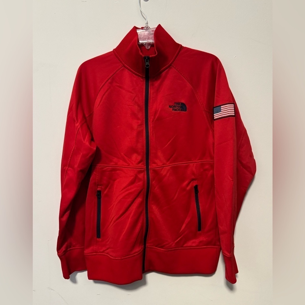The North Face Men's Size Small Red full zip Jacket sweatshirt red USA flag logo